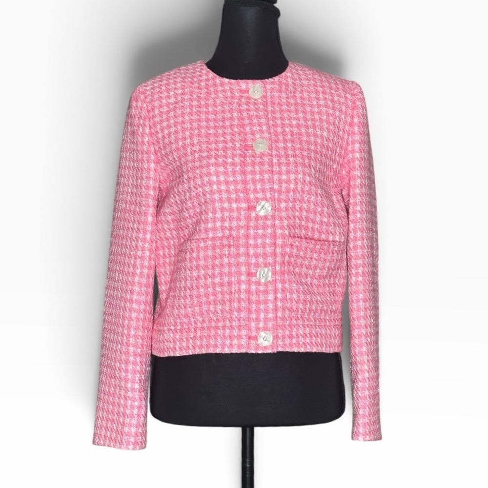 J.Crew Pink Houndstooth Tweed Cropped Lady Jacket NWT Size 0